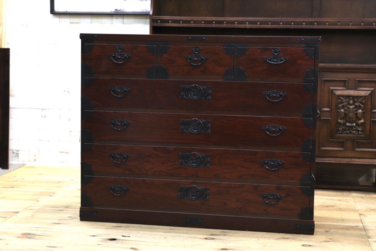 GMIK441A○時代箪笥 整理箪笥 引出し収納家具 和家具 昭和レトロ 和モダン アンティーク 欅材 検)岩谷堂箪笥 青木産業 仙台箪笥拍卖