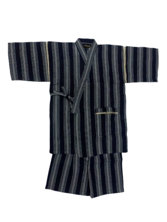 甚平 子供 キッズ 男の子 綿100% 日本製生地 じんべい 上下 祭 甚平 部屋着 パジャマ 子供甚平 140cm 濃紺地 矢鱈縞柄 No.117拍卖