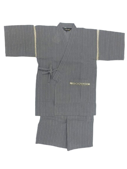 甚平 子供 キッズ 男の子 綿100% 日本製生地 じんべい 上下 祭 甚平 部屋着 パジャマ 子供甚平 140cm グレー地 大名縞柄 No.119拍卖