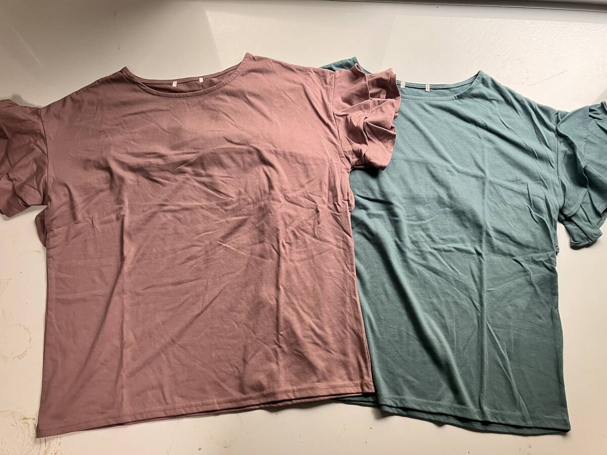 訳あり■Mサイズ■フリル袖Tシャツ2枚セット■グリーン/ピンク拍卖