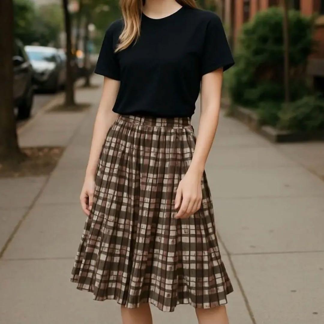 【コムサデモード】(11)フレアスカート チェック柄 総柄 ミモレ丈 日本製拍卖