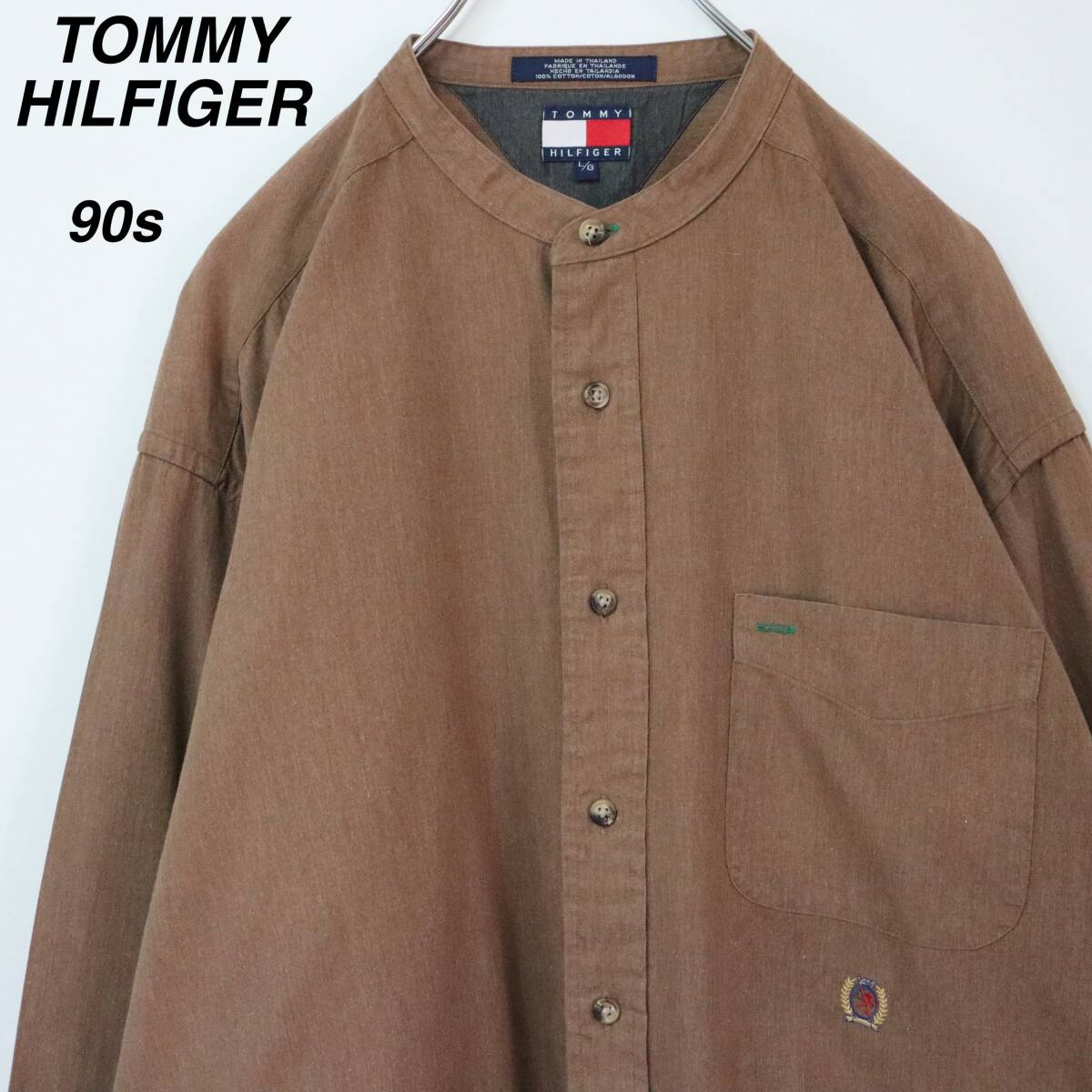 【90s】トミーヒルフィガー バンドカラーシャツ 刺繍ロゴ Lサイズ ビンテージ拍卖