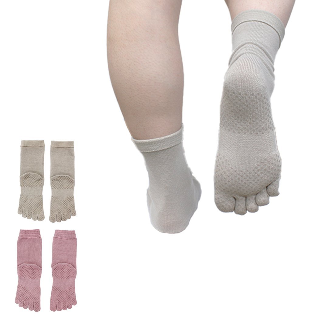 靴下 5本指ソックス ( ピンク1足 / ベージュ1足 ) レディース 5本指靴下 介護用 滑り止め 口ゴムゆったり 日本製 23~25cm 敬老の日 50代 60拍卖