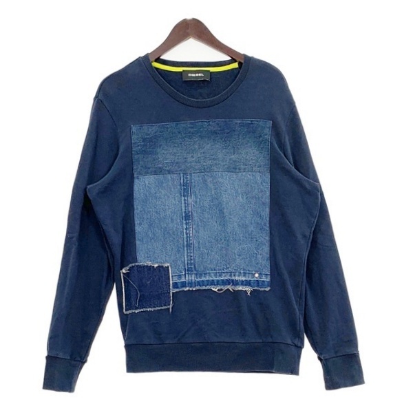 DIESEL ディーゼル デニムパッチワーク スウェット トレーナー クルーネック 長袖 コットン メンズ Sサイズ ネイビー トップス DM16595■拍卖