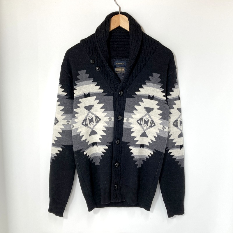 1PIU1UGUALE3×PENDLETON ニット カーディガン MRK073 ネイティブ柄 厚手 ウール 古着 メンズ Lサイズ相当 ブラック トップス A14962◆拍卖