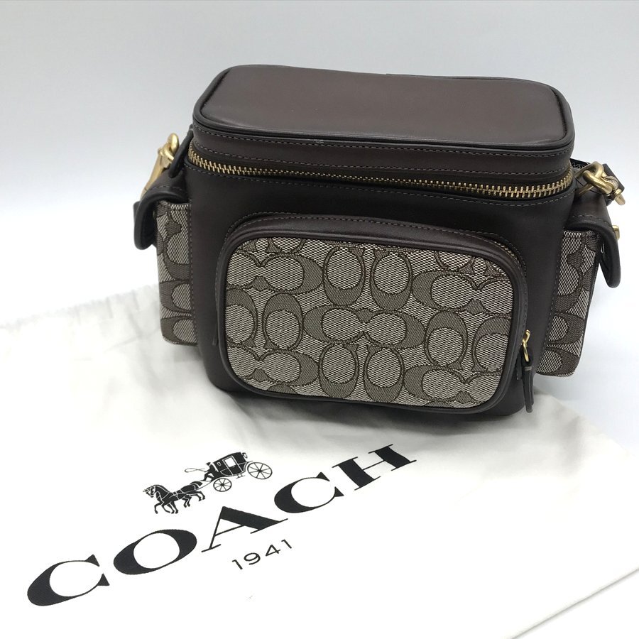 コーチ ユーティリティクロスボディ18 シグネチャージャカード C3906 ショルダー レザー 保存袋 美品 男女兼用 ブラウン COACH 鞄 B7379◆拍卖