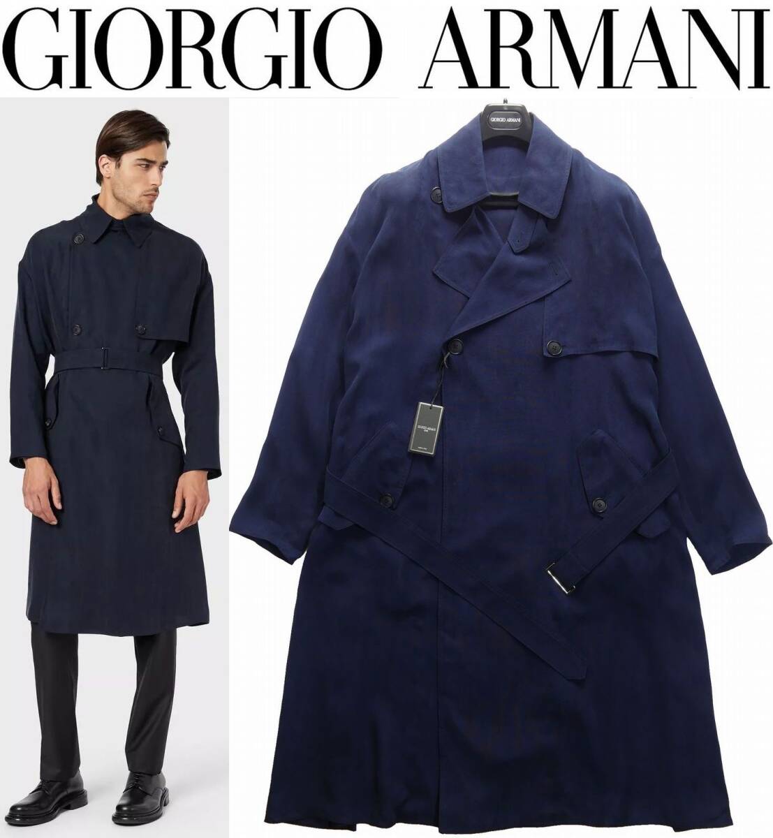 通年物606,000円新品GIORGIO ARMANIアルマーニ★ユルい無造作感が洒落ているオーバーサイズICON濃紺トレンチコート【XL=日本2~4XL】拍卖