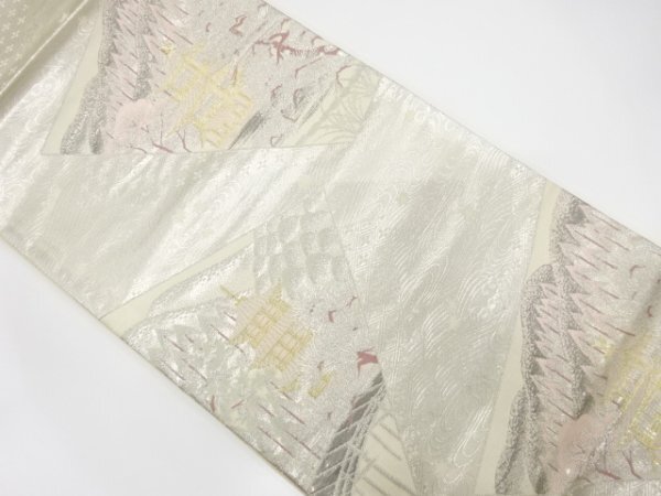 ys7504774; 宗sou プラチナ純銀箔寺院風景模様織出し袋帯【着】拍卖