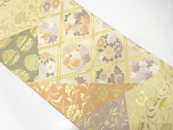 ys7508493; 宗sou 切り嵌め風斜め格子に花丸・唐花模様織出し袋帯(材料)【アンティーク】【着】拍卖