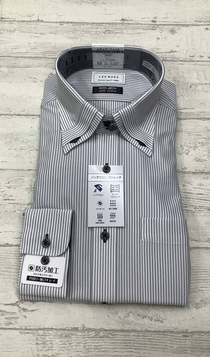新品未使用 カッターシャツ 39-86 長袖Mサイズ ボタンダウンカラードレスシャツ ★スーパーストレッチ素材 ★細かい白ストライプ拍卖