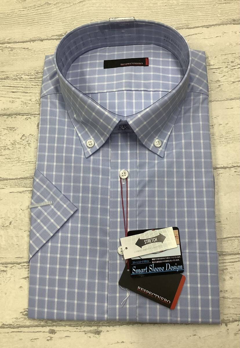 新品未使用 半袖カッターシャツ LLサイズ 43cm ブルー系 チェック柄 クールビズ対応 ボタンダウンドレスシャツ拍卖