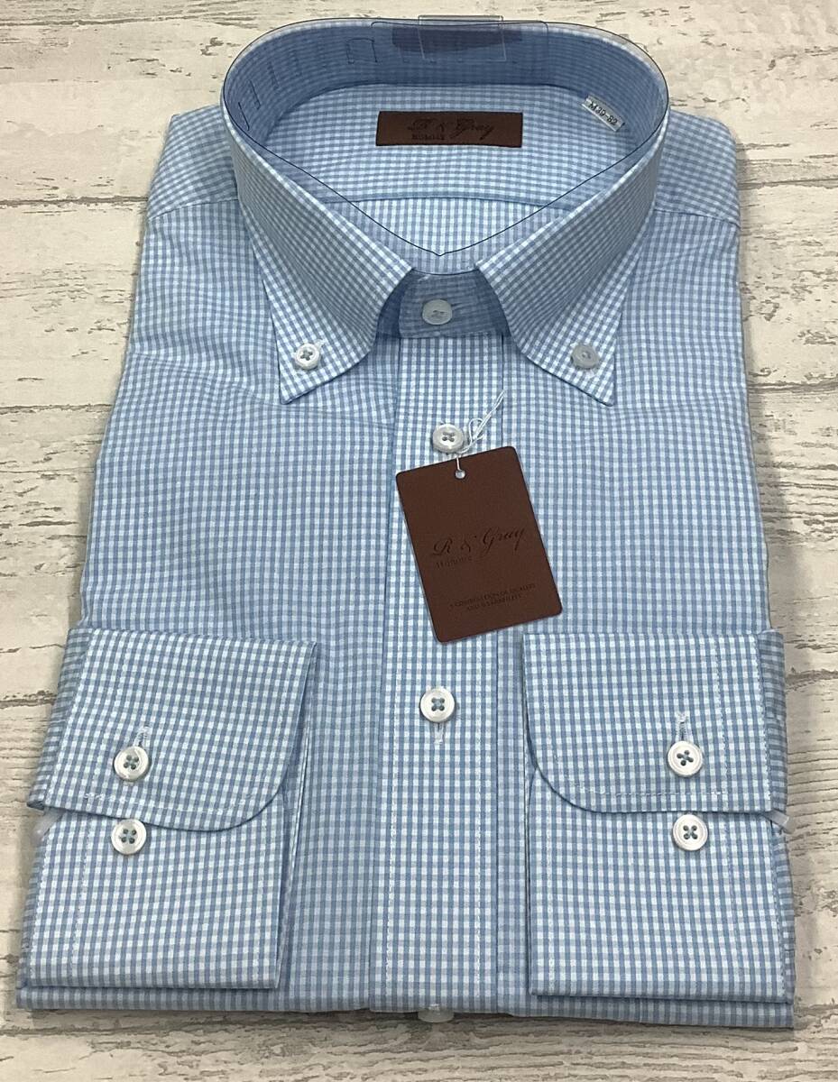 新品激安処分 39-82 表示 長袖Mサイズ 系 サックス系チェック生地 ボタンダウンシャツ★綿ポリドレスシャツ 形態安定拍卖