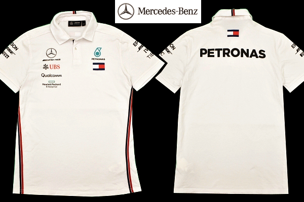 Y-9662★送料無料★美品★Mercedes AMG メルセデスベンツ F1 トミーヒルフィガー TOMMY★ルイス ハミルトン白 鹿の子 半袖 ポロシャツ L拍卖