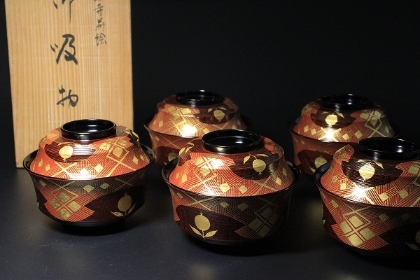 □■未使用品!漆宝堂 浄法寺蒔絵 御吸物椀 五客 塗椀 煮物椀 筋目 豪華絢爛!■□懐石 料亭 割烹拍卖