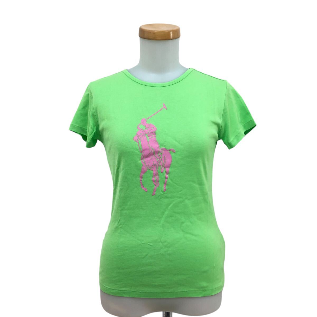 9Nm320-75 USA製 RALPH LAUREN ラルフローレン 半袖 ビッグポニー プリント Tシャツ カットソー slimfit トップス グリーン系 レディース M拍卖