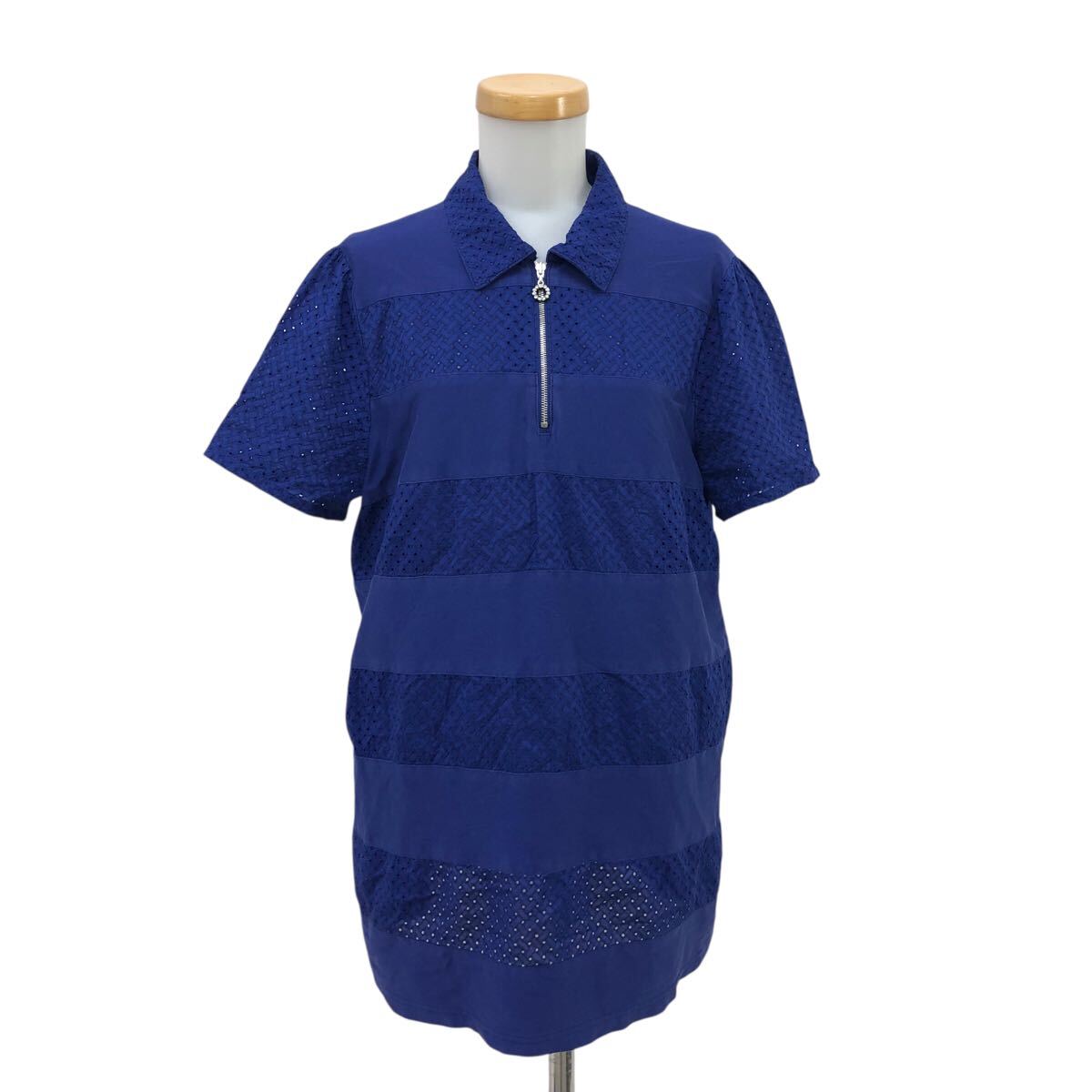 9Nm320-14 大きいサイズ Leilian レリアン カットワーク 刺繍 ボーダー デザイン ハーフジップ 半袖 カットソー トップス ブルー系 13+拍卖