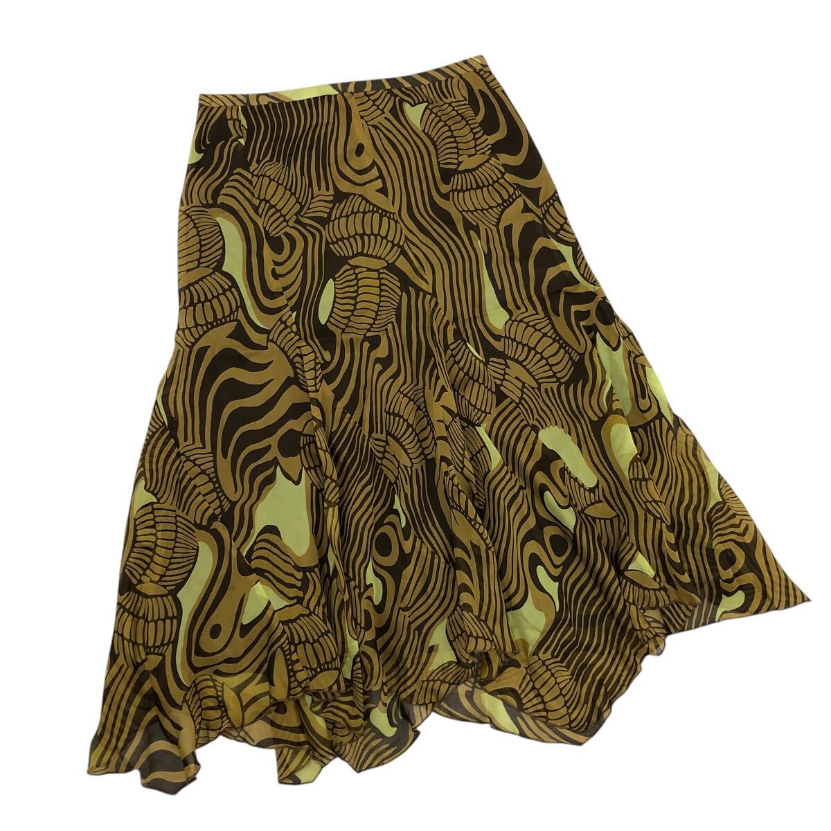 9Nm321-30 YOSHIE INABA ヨシエイナバ シルク 絹 100% 総柄 マーメイド ひざ丈 ヘム スカート ボトムス ブラウン系 レディース 7 日本製拍卖