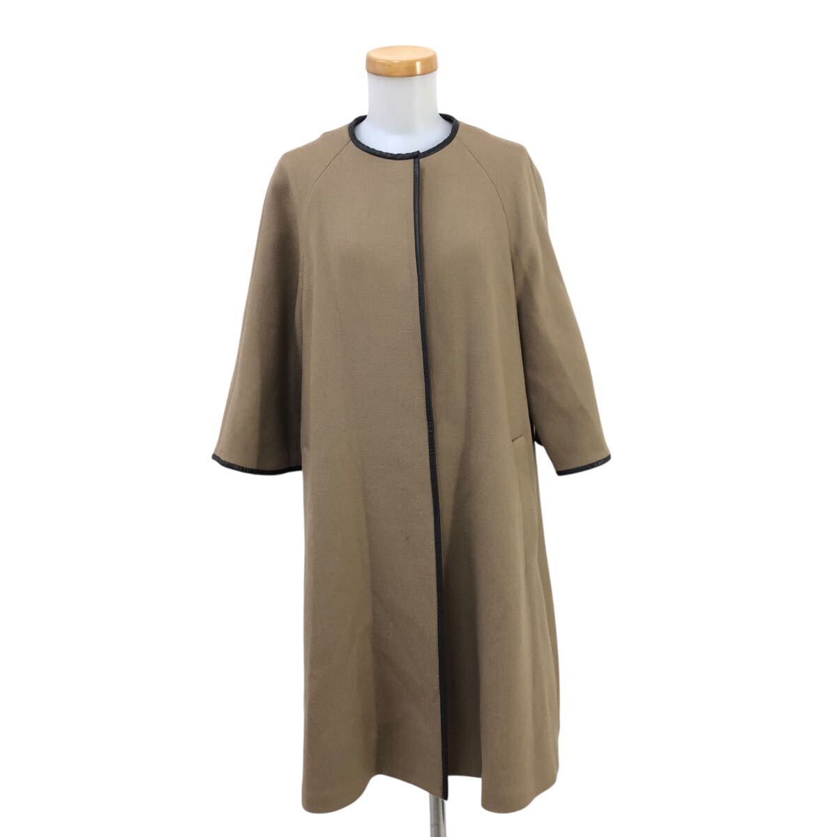 9m653-10 ESTNATION エストネーション 七分袖 エコレザー パイピング ウールコート 上着 羽織り アウター ベージュ レディース 36 日本製拍卖