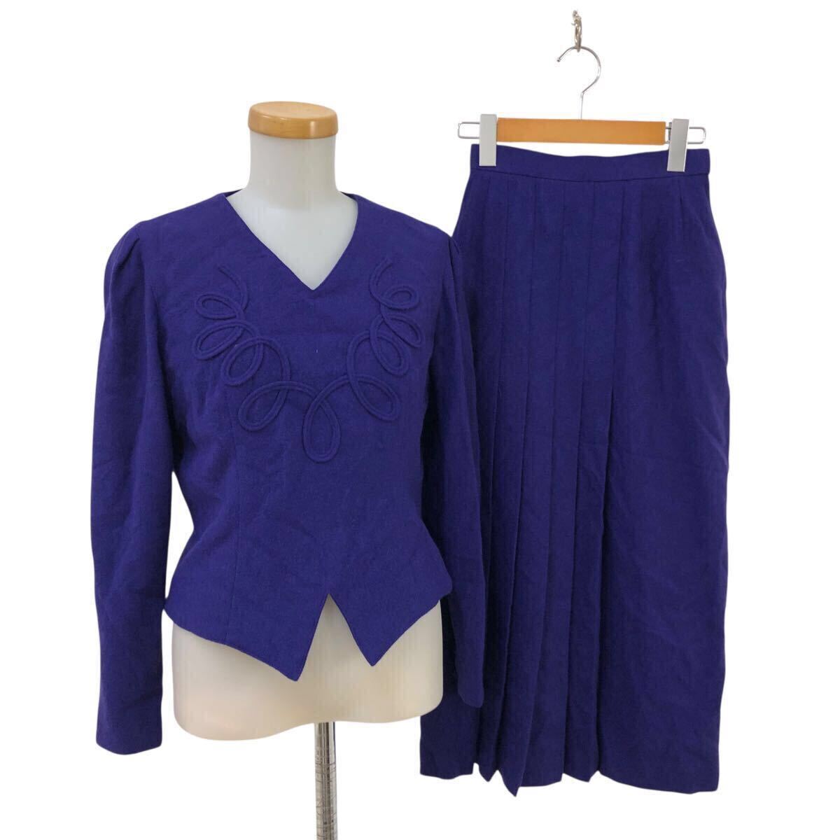 9m655-47 YUKI TORII ユキトリヰ ユキトリイ アンゴラ混 ウール セットアップ 長袖 ブラウス プリーツ スカート 上下セット パープル 9拍卖