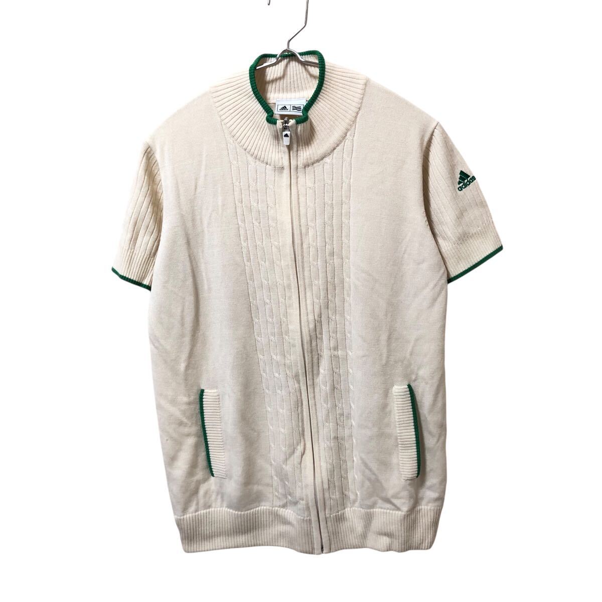 9NG001-19 adidas GOLF アディダス ゴルフ トップス ニット 半袖 ジップアップ ゴルフウェア ロゴ 刺繍 レディース M アイボリー拍卖