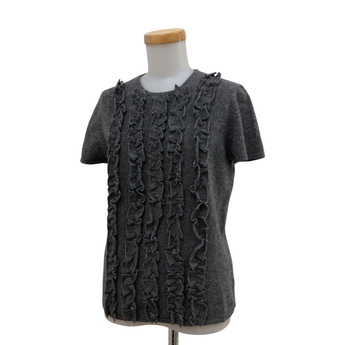 9NK003-83 BURBERRY バーバリー LONDON ロンドン カシミヤ 混 半袖 トップス ニット セーター フリル 丸首 グレー レディース 女性用 2拍卖