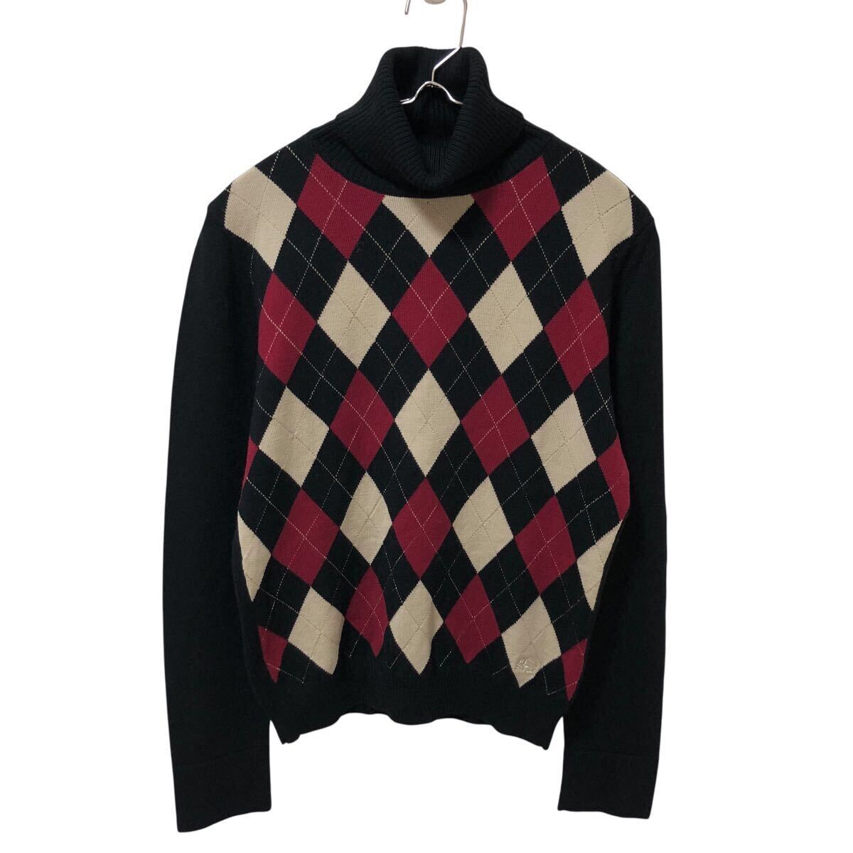 9NG003-60 良品 BURBERRY LONDON バーバリー ロンドン ハイネック ニット 長袖 トップス アーガイル柄 ロゴ 1 S相当 黒 赤 ベージュ拍卖