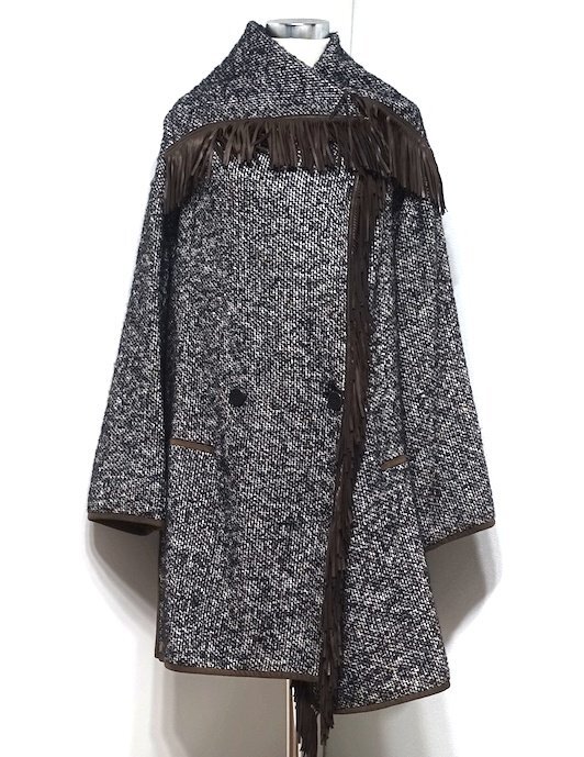 11AW 極美品 ETRO エトロ ラムレザー フリンジデザイン ツイード コート グレー系 ウール モヘア シルク 羊革 レディース 44 アウター拍卖