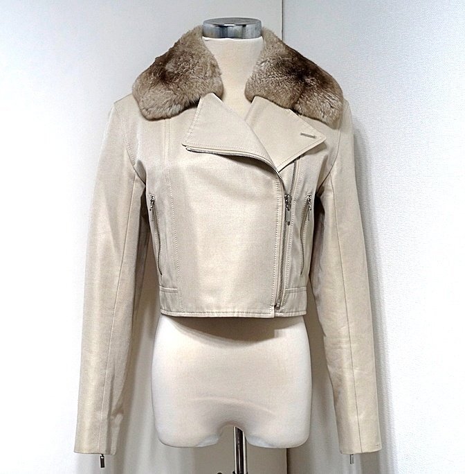 2019年 定価39.9万 美品 FOXEY BOUTIQUE フォクシー チンチラファー付 ライダースジャケット ブルゾン 40079 シルク混 レディース 38拍卖
