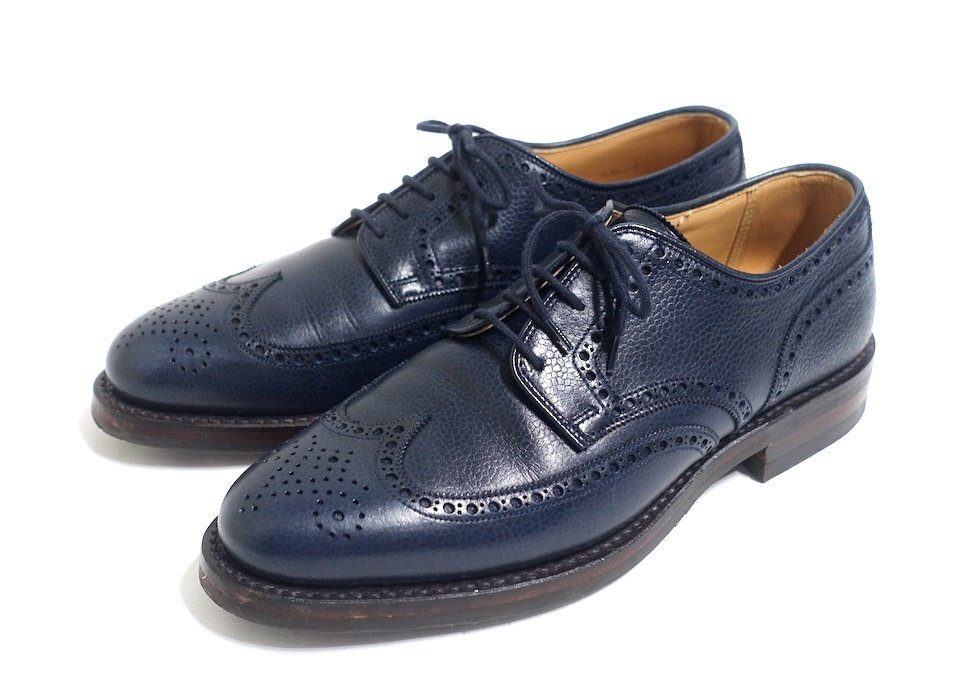 極美品 BROOKS BROTHERS PEAL & Co クロケット&ジョーンズ製 ウイングチップ シューズ グレインレザー ネイビー メンズ 8 26-26.5cm拍卖