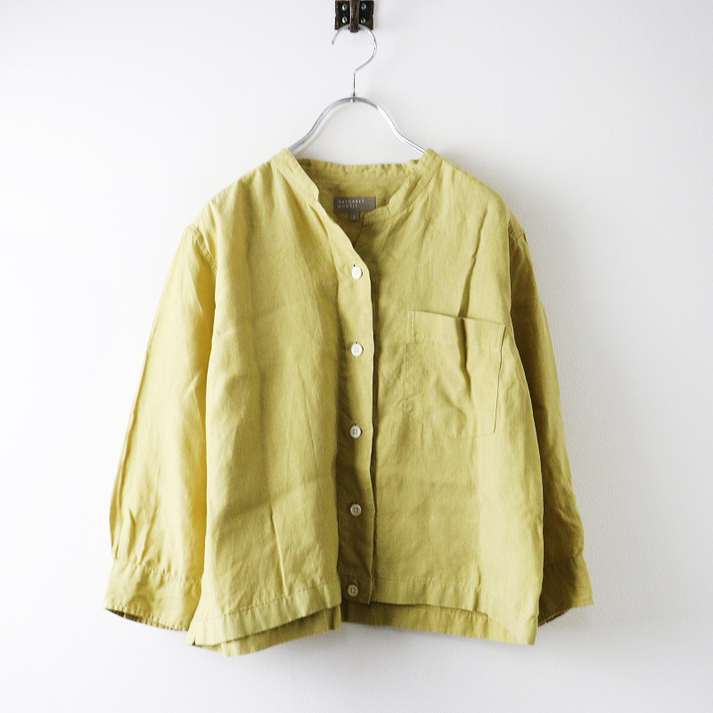 マーガレットハウエル MARGARET HOWELL 染色加工 SHIRTING LINEN リネンバンドカラー長袖シャツ2 マスタード┃麻【2400014572612】拍卖