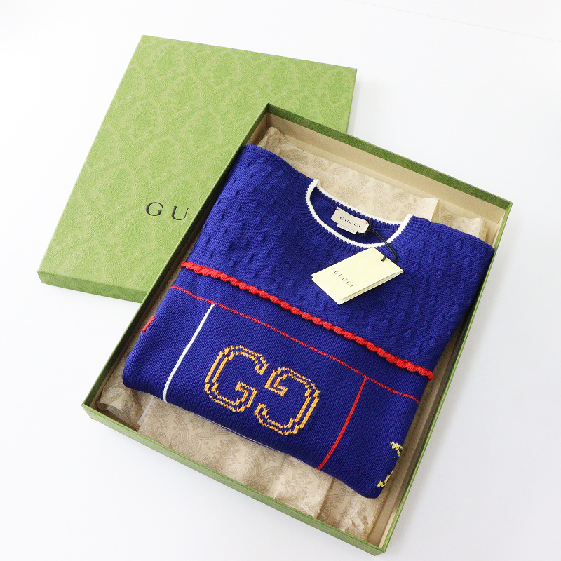 新品 保管品 大人着 可能 グッチ GUCCI チルドレンズ 七分袖 ジャガードニットプルオーバー 12(150cm)ネイビー┃イタリア【2400014606454】拍卖