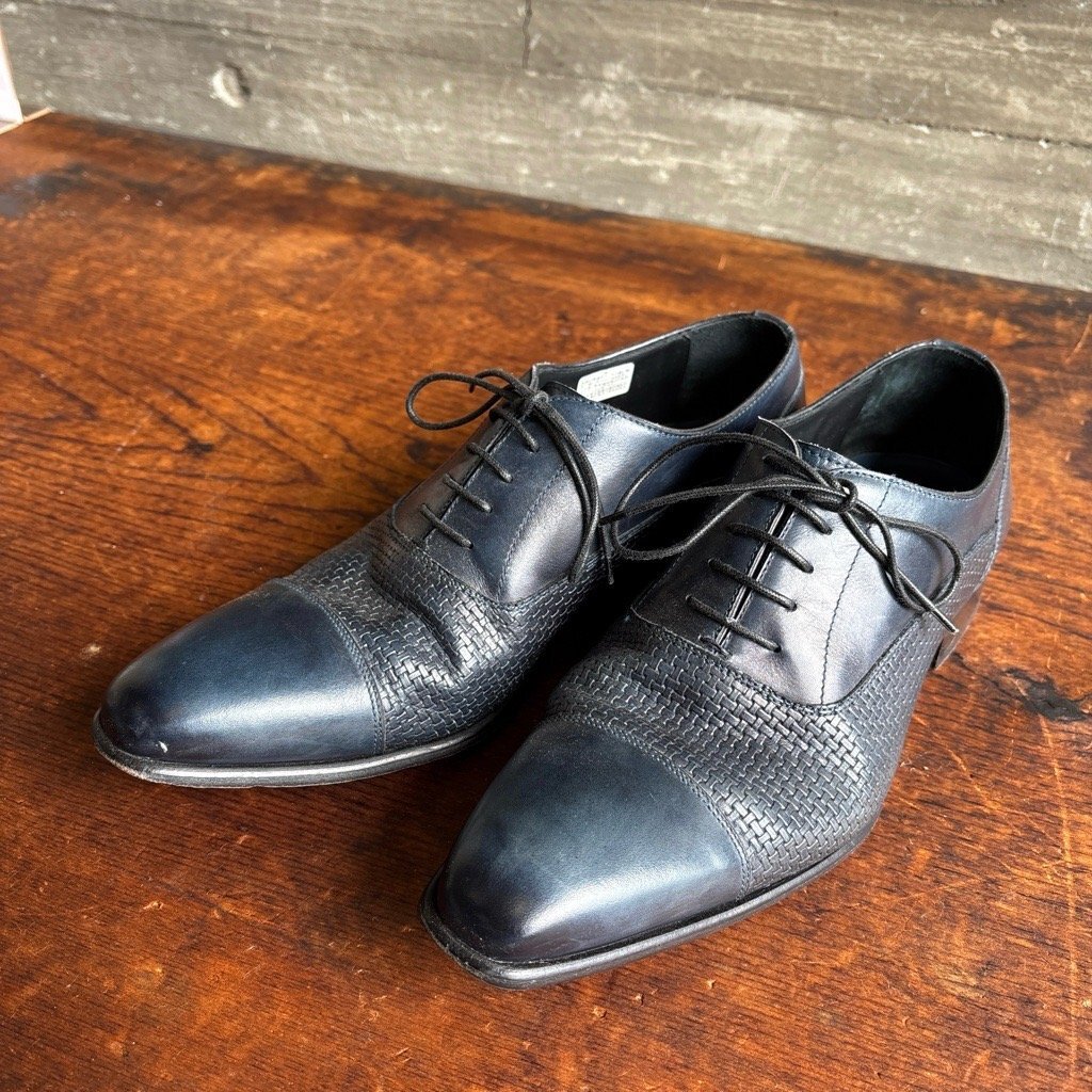 madras マドラス ストレートチップレザーシューズ ビジネスシューズ サイズ7/約25cm レザー切り替え メッシュ型押し ネイビー イタリア製拍卖