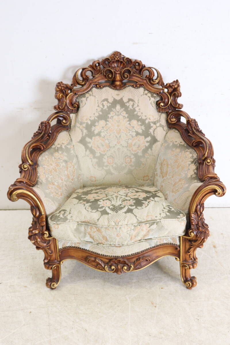 【ロココ様式】1980年代イタリア製 ヴィンテージ シングルソファ 彫刻装飾 ゴシック 高級クラシック家具 サロンチェア アンティーク風(A)拍卖