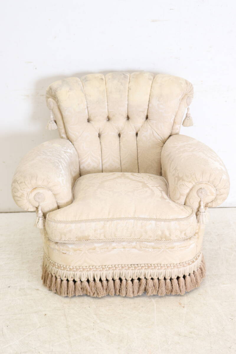 【タッセル装飾】1980年代イタリア製ビンテージ シングルソファ 優雅クラシカルデザイン 高級アンティーク調チェア クラシック家具拍卖