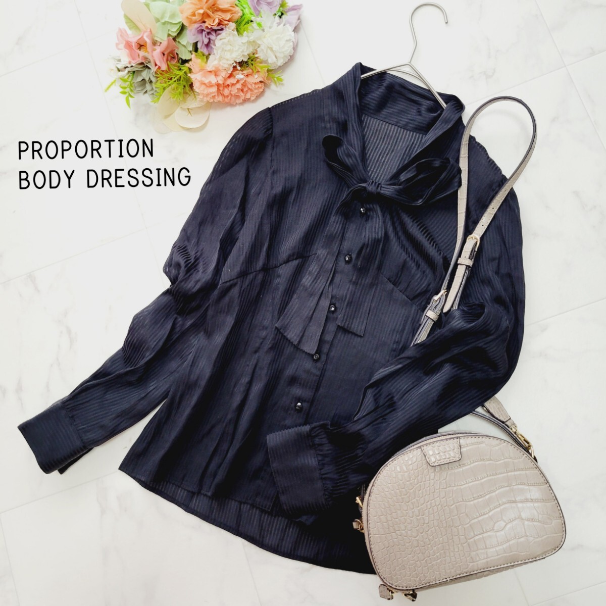 プロポーションボディドレッシング*黒ボウタイブラウス 長袖シアーブラウス ストライプ 拍卖