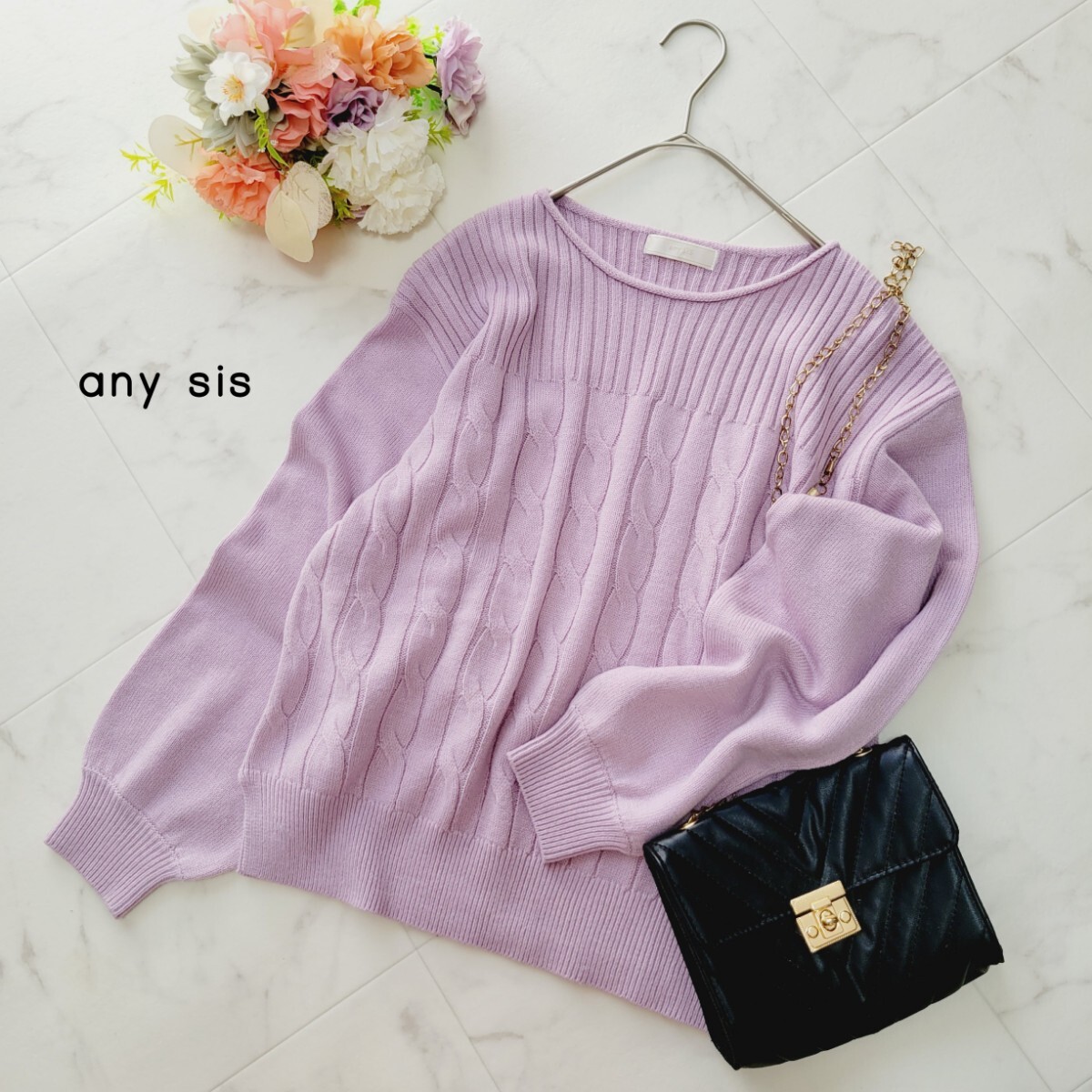 美品*エニィスィス オンワード樫山 パープル ウール混ニット サイズ2 長袖 プルオーバー拍卖