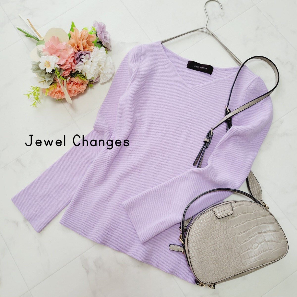 ジュエルチェンジズ*パープル ラベンダー りぶ リブニット プルオーバー 洗える UNITED ARROWS拍卖
