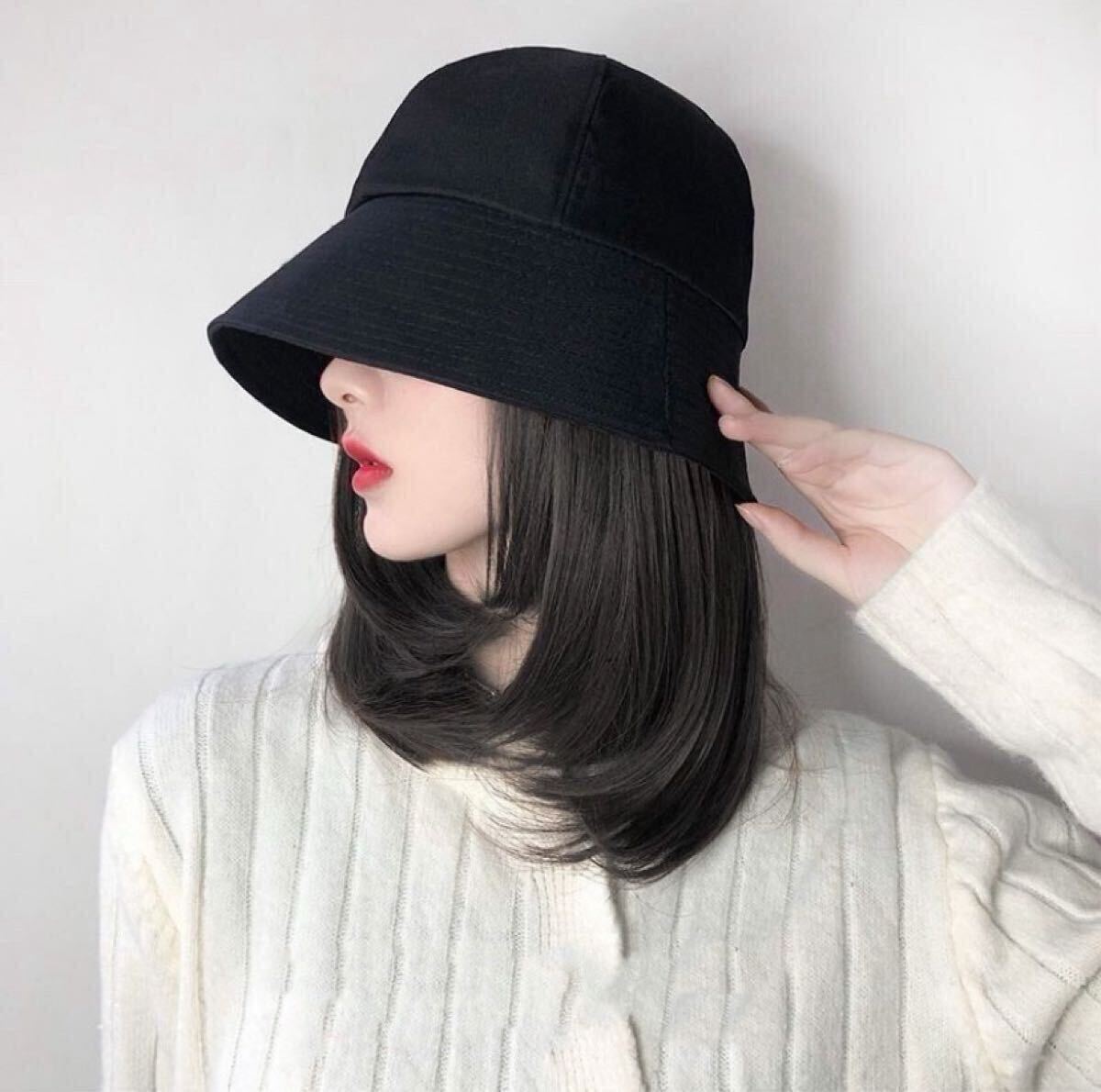 バケットハット付きウィッグ ブラック 一体型 ヘアアレンジ 時短 レディース 簡単 UV・紫外線対策 小顔効果 セミロング 黒拍卖