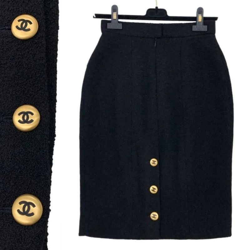 CHANEL シャネル 黒 ゴールド ツイードスカート ココマークボタン ヴィンテージ レア 正規品 拍卖