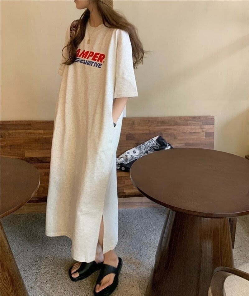 ロングワンピース ロング Tシャツワンピース リラックスウェア 旅行 ゆったり 楽ちん おしゃれ 韓国 レディース オルチャン ホワイト拍卖