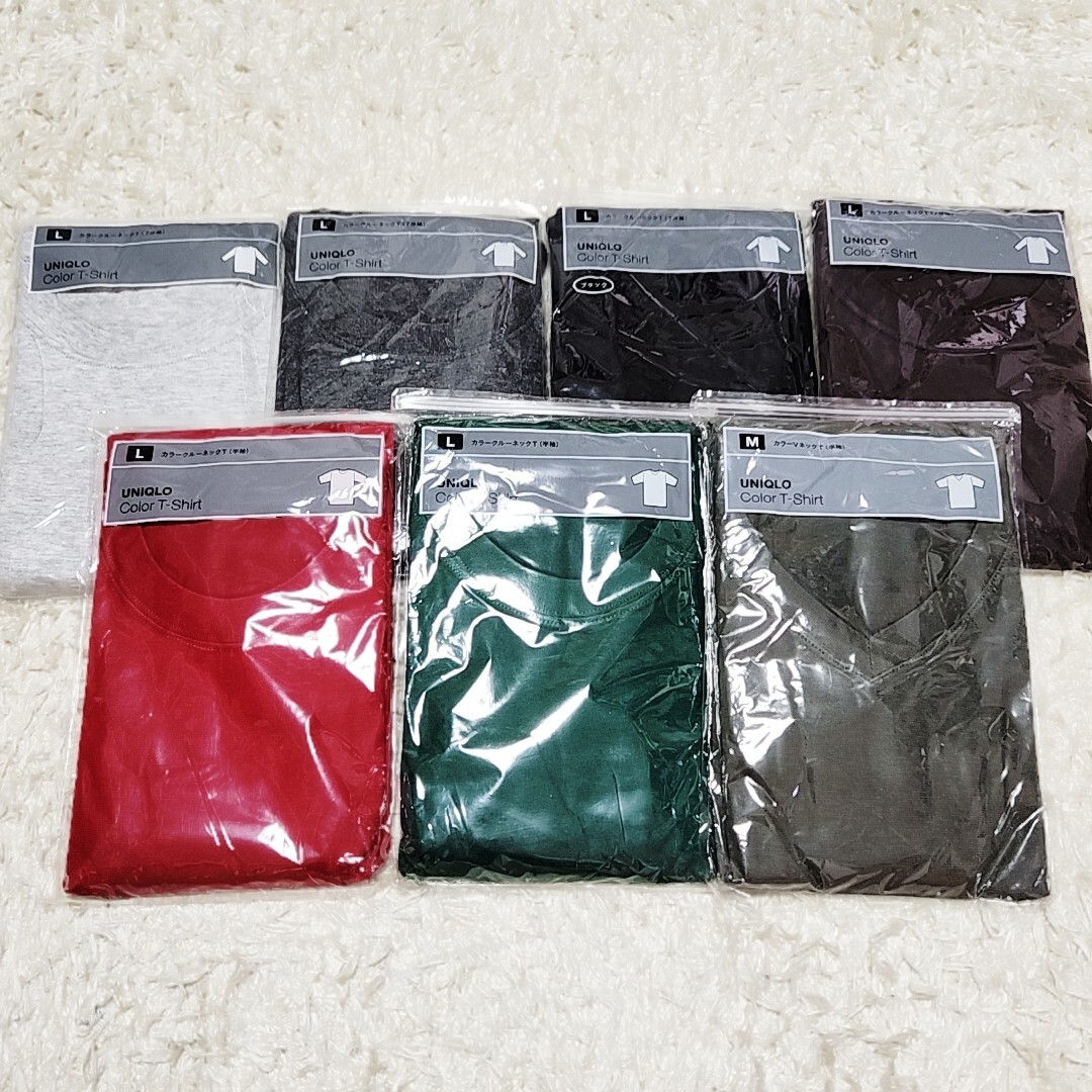 新品・未使用★まとめて7点 ユニクロ UNIQLO カラークルーネックT Tシャツ 半袖 七分袖 丸首 Vネック M L ブラック グレー ブラウン 赤など拍卖