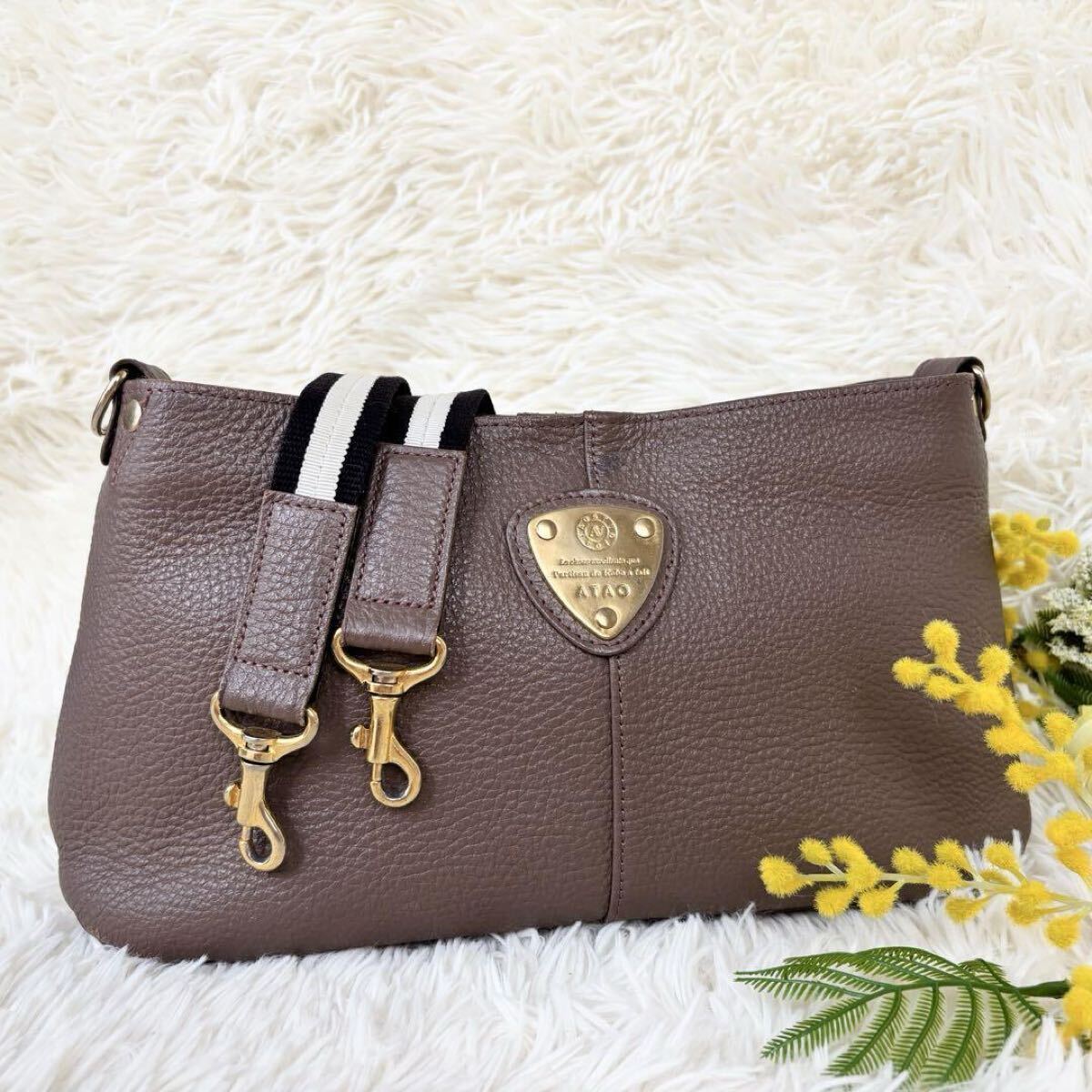 ATAO アタオ チヴィ 2way ショルダー ハンドバッグ レザー シボ革 ブラウン系拍卖