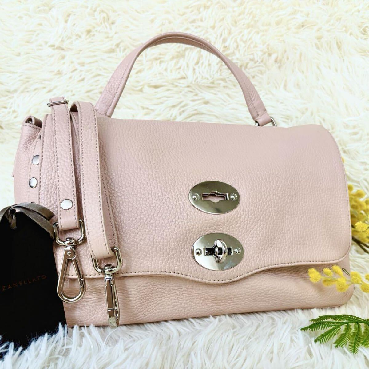 ザネラート 2way ポスティーナ レザー ショルダーバッグ ライトピンク拍卖