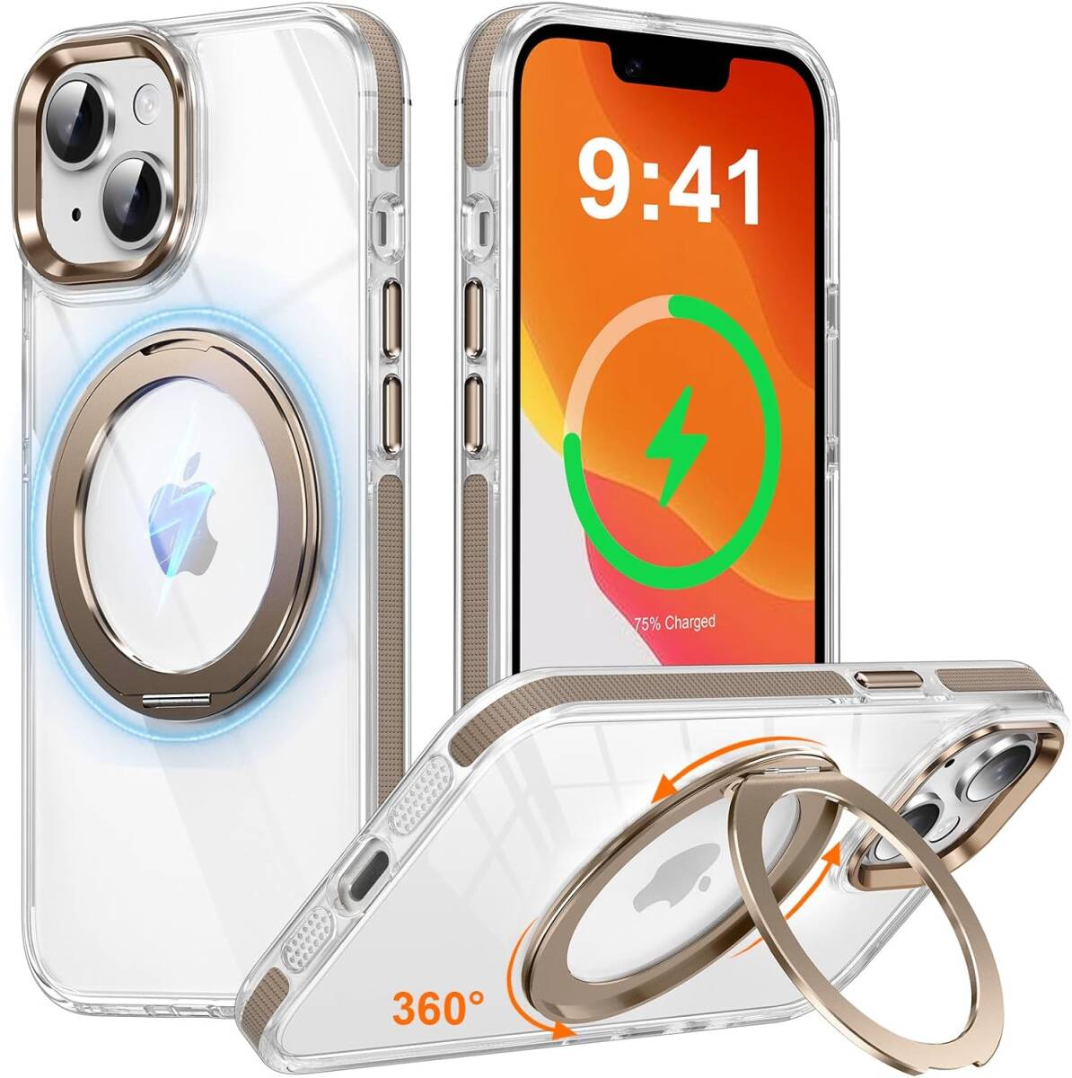 iPhone 15 用 ケース 多機能360度回転スタンド 縦横両用 マグネット搭載 MagSafe対応 滑り止めドット模様拍卖