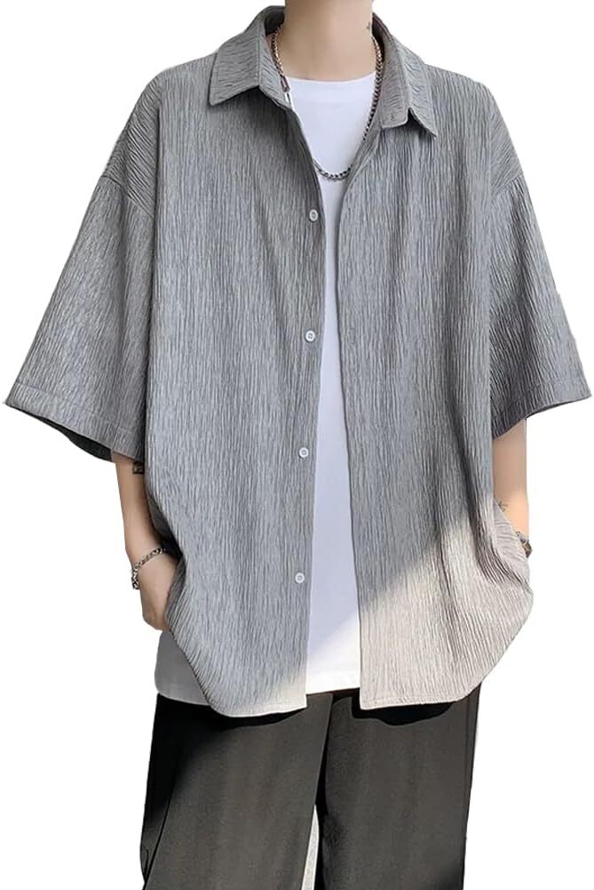 シャツ メンズ 夏服 半袖 無地 カジュアル M拍卖