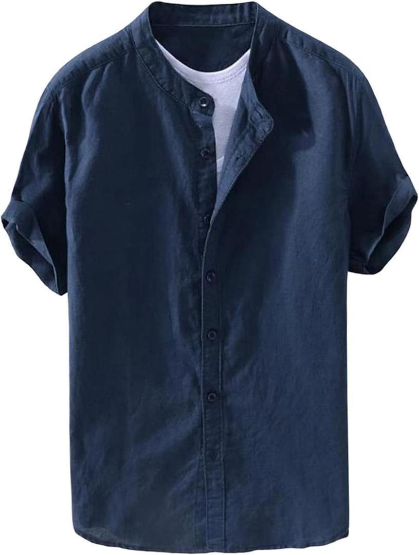 シャツ メンズ 半袖 綿麻 無地 2XL拍卖