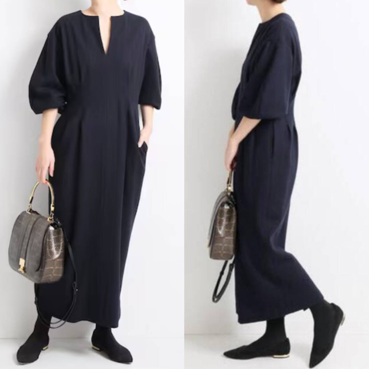 VERMEIL par iena ウール圧縮スムース ウエストシェイプ パフスリーブワンピース 40 ネイビー イエナ拍卖