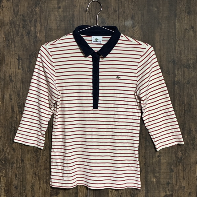 C28◇LACOSTE | ラコステ ボーダー柄 七分袖 ポロシャツ ネイビー×レッド×アイボリー レディース 44サイズ 中古品拍卖