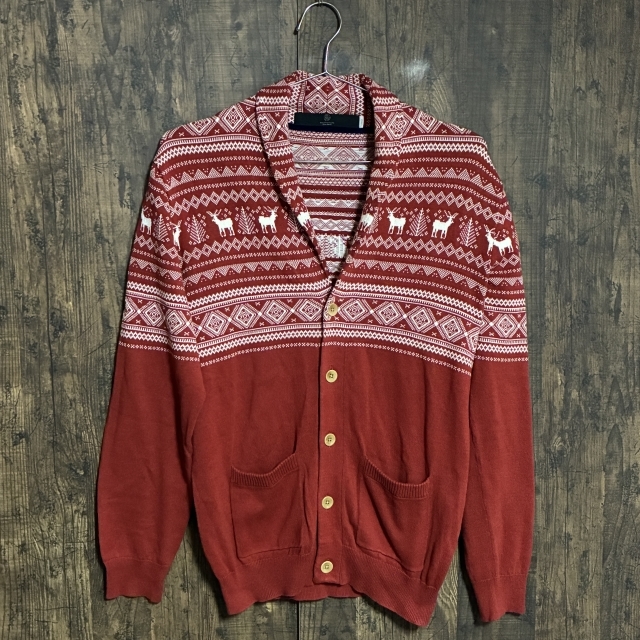 C35◇BEAUTY&YOUTH | ビューティーアンドユース 総柄カーディガン レッド×ホワイト メンズ LARGEサイズ 中古品拍卖