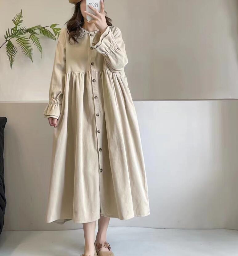 新入荷ワンピース ゆったり 綿100%コットン 畝生地 レース ふんわり オシャレ フリーサイズ ナチュラル ベージュ系拍卖